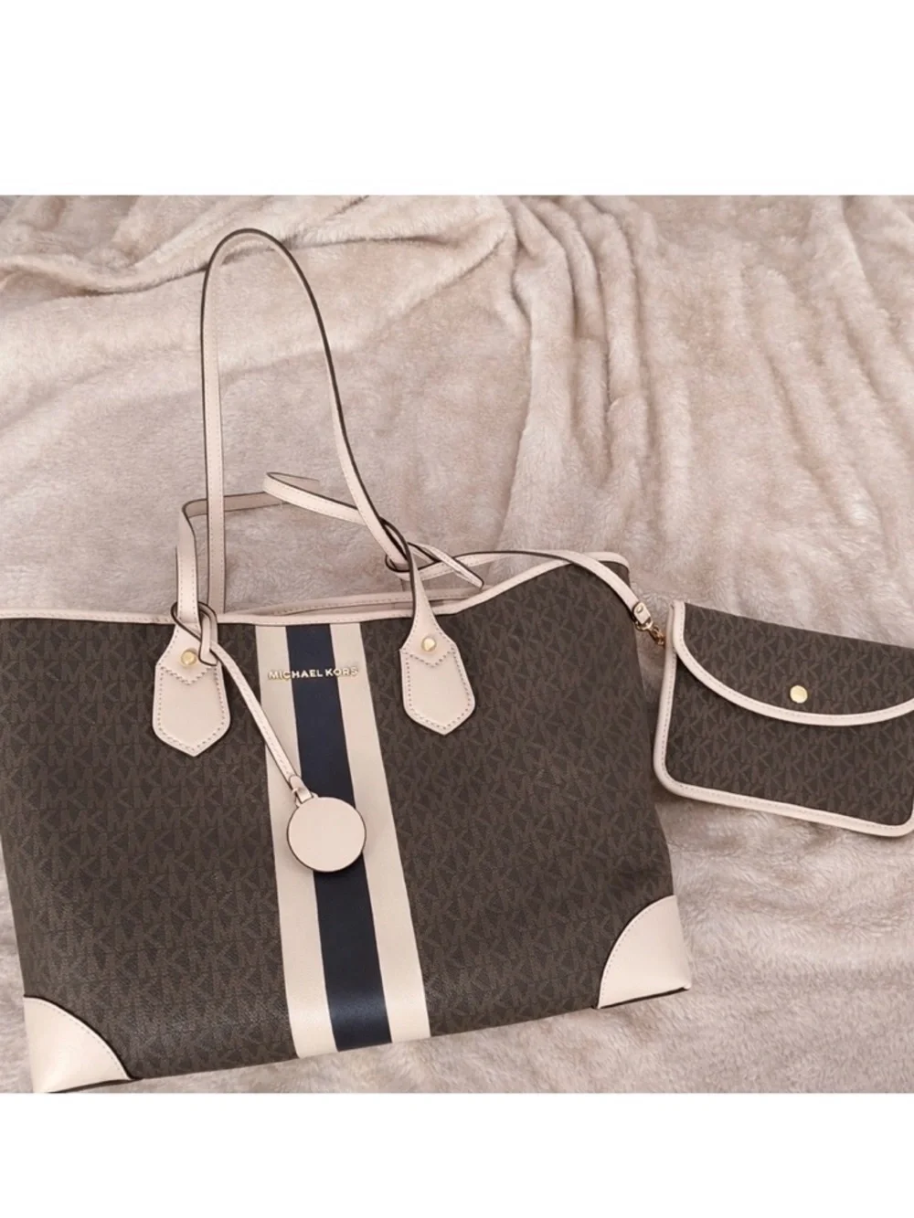 Michael Kors Women's Brown Logo Tote with Cream & Black Stripe - Picture 2 of 2